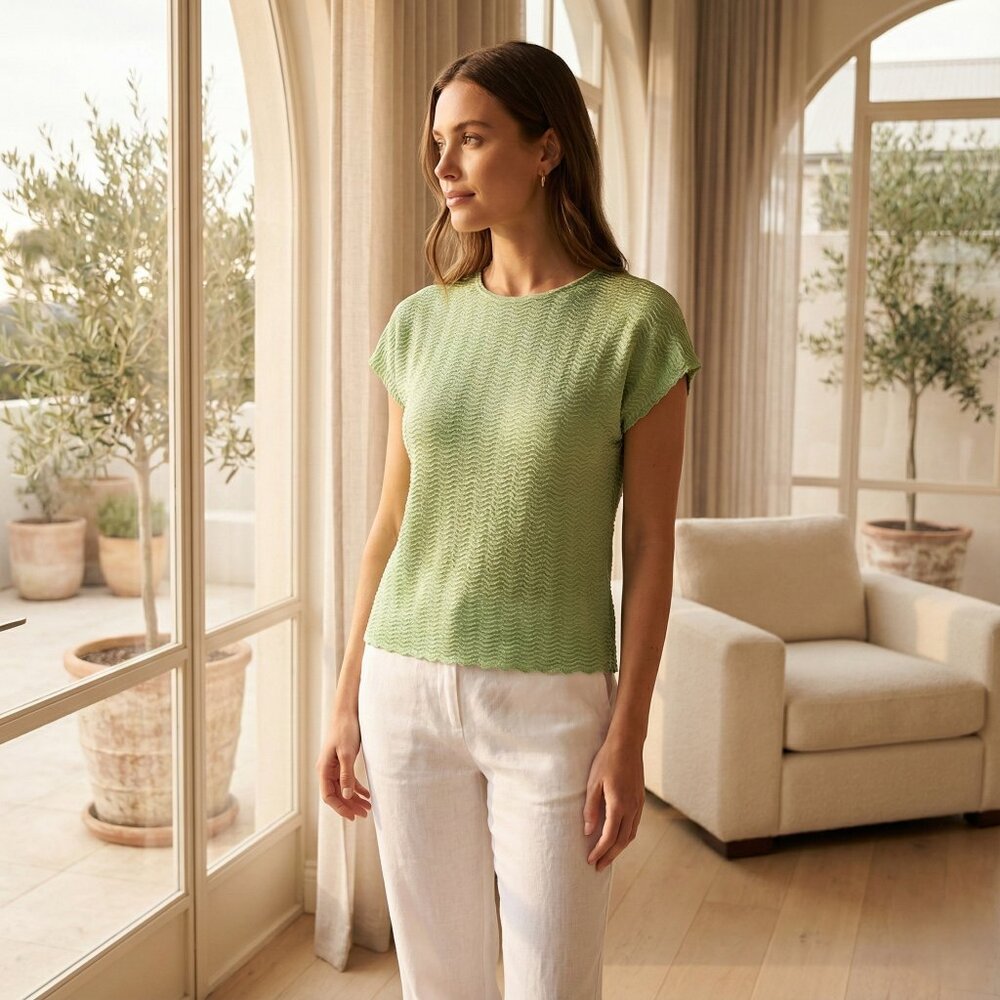 TANJAY PETITE Textured Knit Cap‎ Sleeve Top Lime Green Size PS P